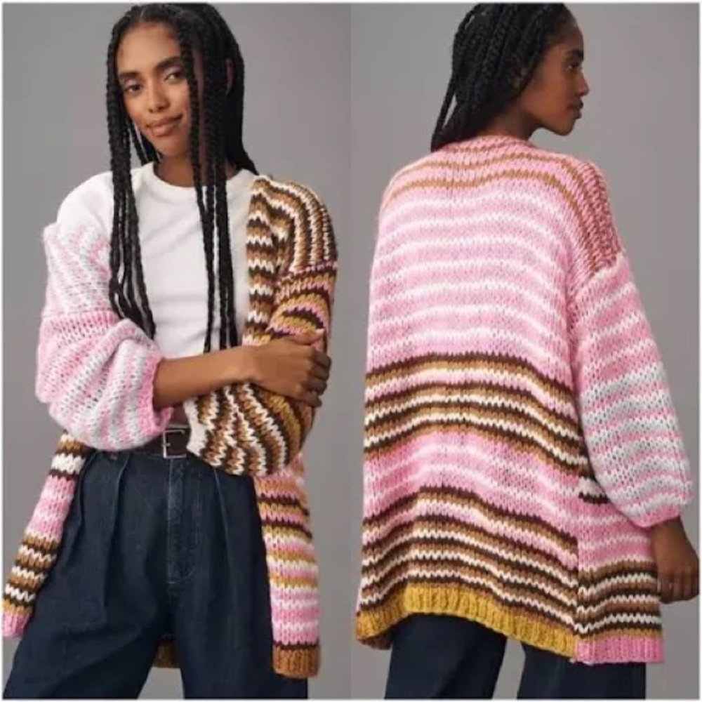Anthropologie Cosy Cardigan Pink Chunky Knit Open-Front Cardigan Sweater
